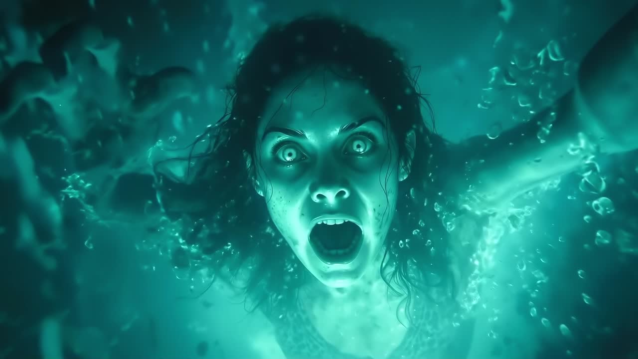 A woman in a leopard print swimsuit underwater with her hands outstretched