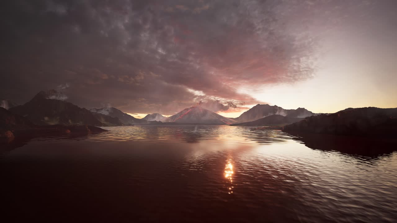 Volcanic Sunset Over a Calm Lake
