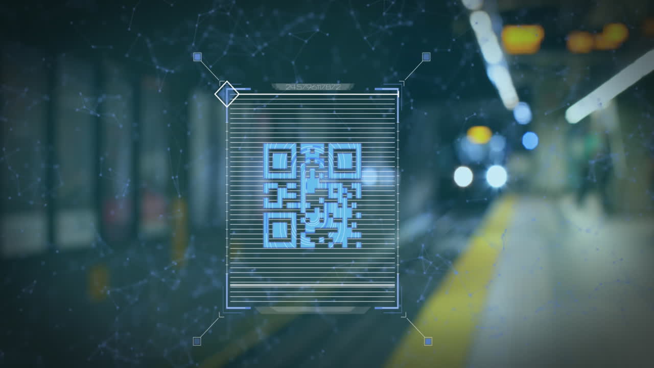 Animation of qr code scanner against blurred view of train arriving at a station