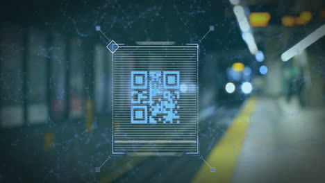 animation of qr code scanner against blurred view of train arriving at a station