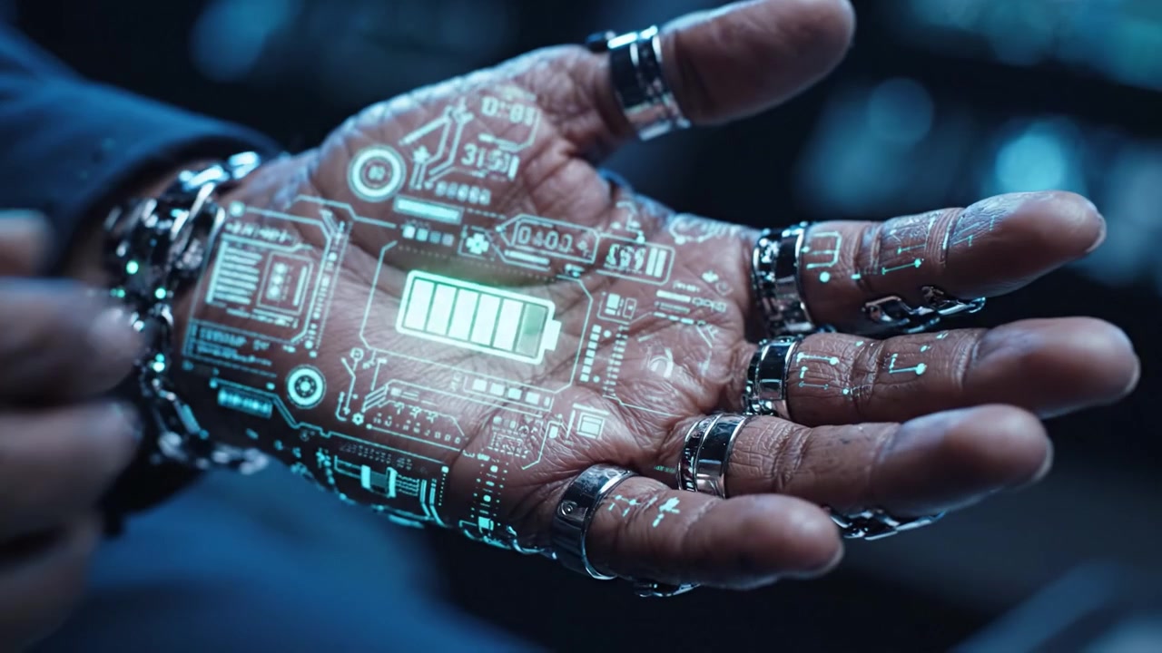 Futuristic Interface: A Close-Up of a Cybernetic Hand with Advanced Technology and Holographic Displays, Highlighting Innovations in Wearable Tech and Human-Machine Interaction