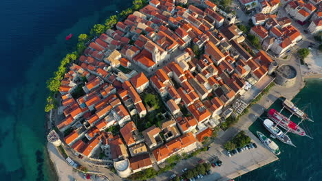 beautiful croatian tourist destination, korčula old town and harbour, aerial