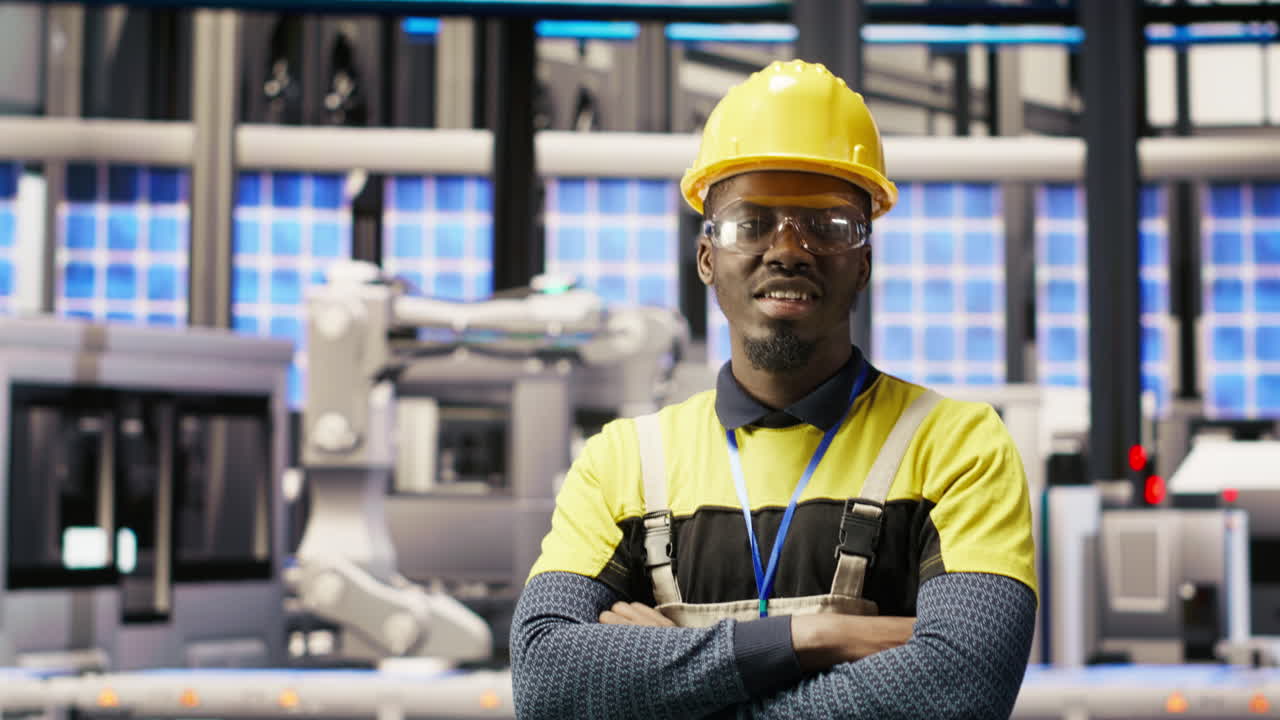 Vertical video Portrait of technician overseeing solar panel production lines equipment
