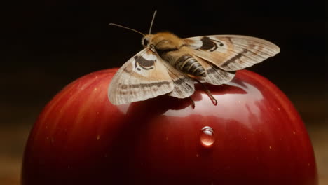a close-up of a moth resting on a red apple with a water droplet