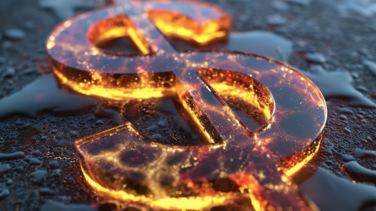 Simbolo del Dollaro Astratto Illuminato che Splende con una Texture Infuocata sulla Superficie dell'Acqua, Rappresentando Ricchezza e Prosperità in un'Esperienza Visiva Accattivante