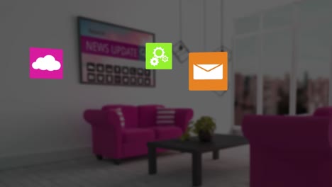 animation of media icons over house interior with tv