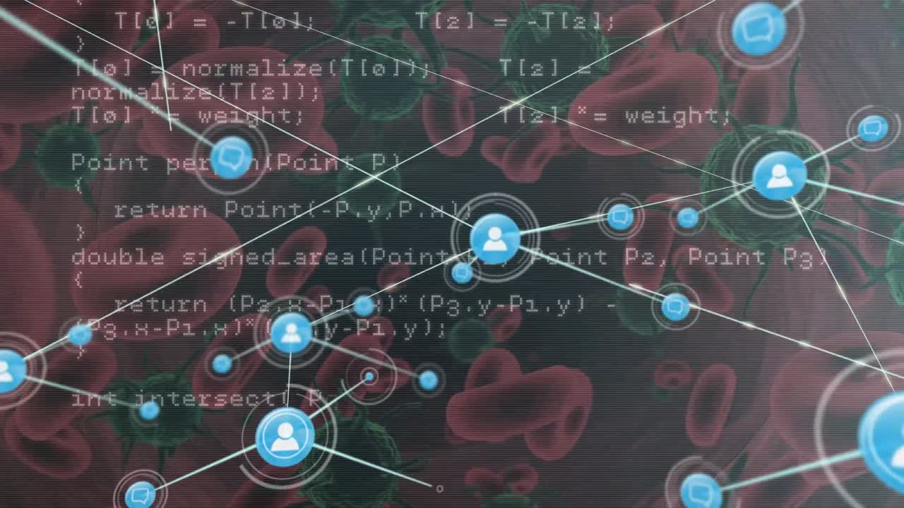 red de iconos de perfil y procesamiento de datos contra células de covid-19 y vasos sanguíneos flotantes