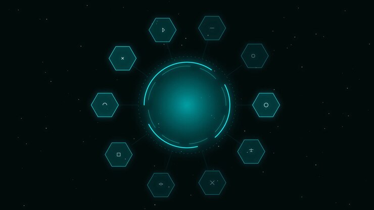 Futuristic Digital Interface with Glowing Hexagonal Icons and Central Hub