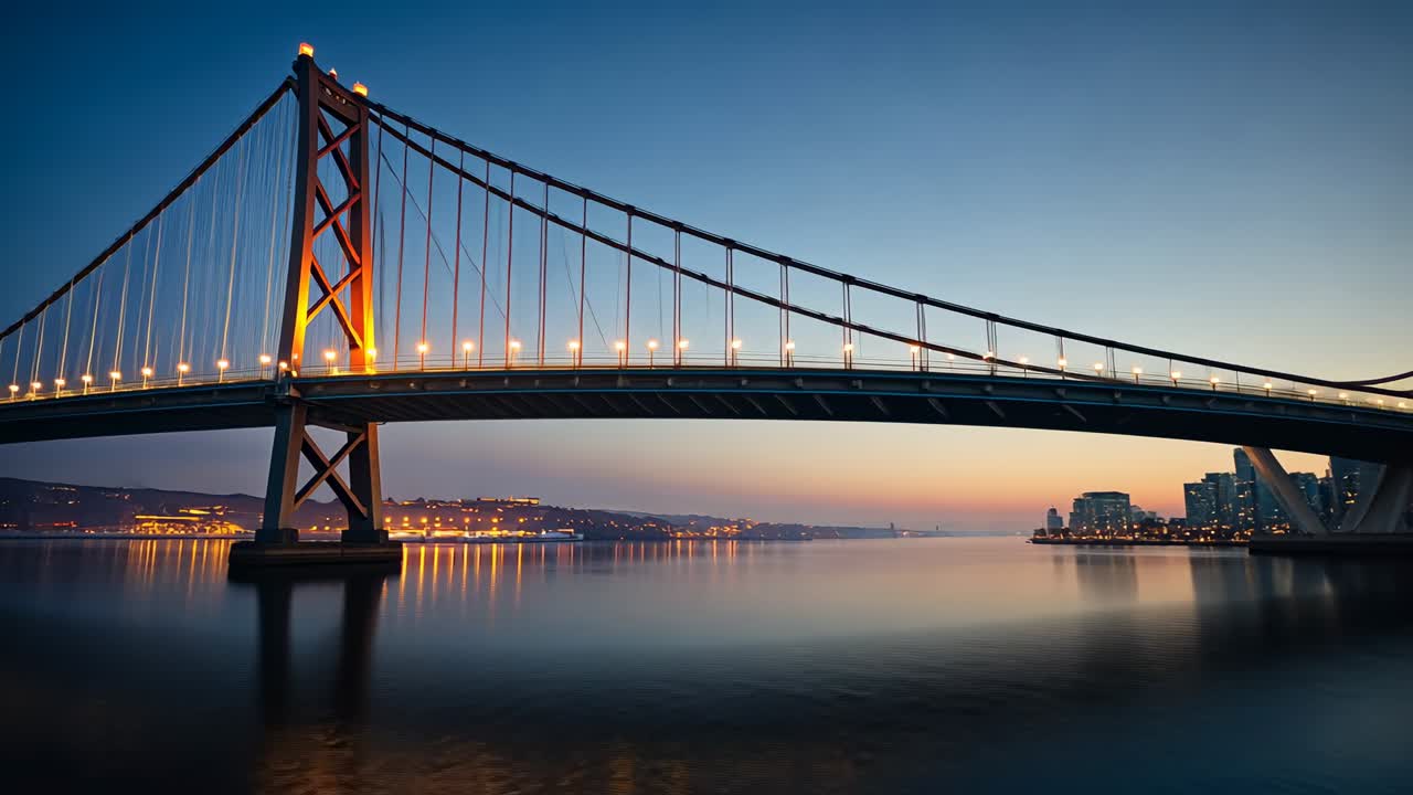 Panning camera moving right, reframing suspension bridge at dusk, revealing shoreline reflections