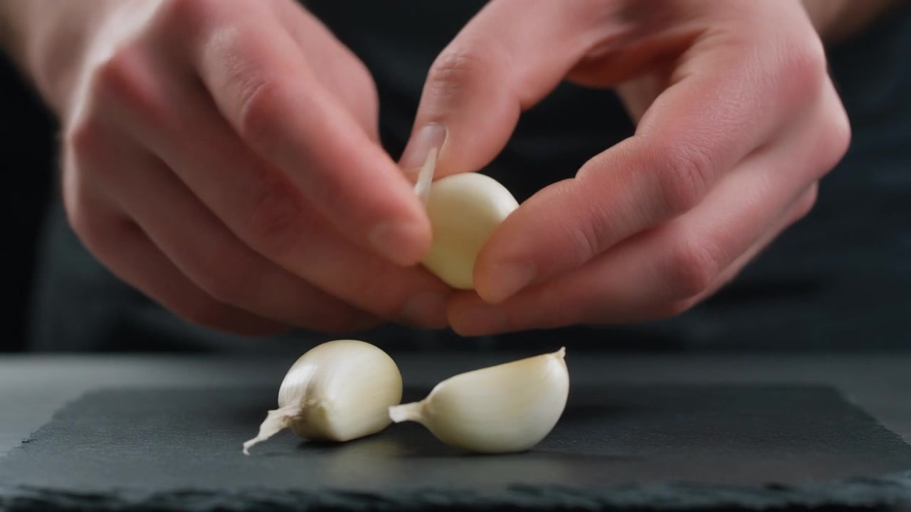 Chef che sbuccia spicchi d'aglio freschi su un tagliere di ardesia