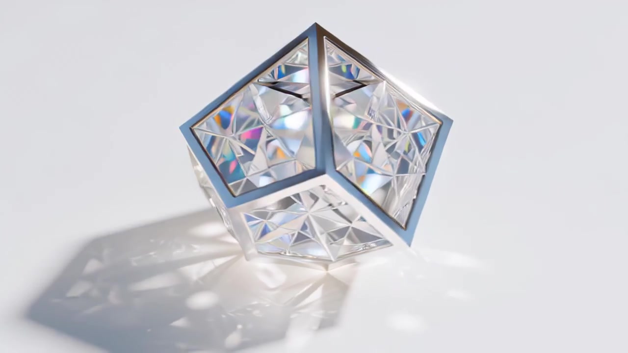 Filmato di un cubo di cristallo sfaccettato trasparente che ruota su una superficie bianca pulita, proiettando ombre morbide e riflessi prismatici arcobaleno per usi di lusso, tecnologia e design