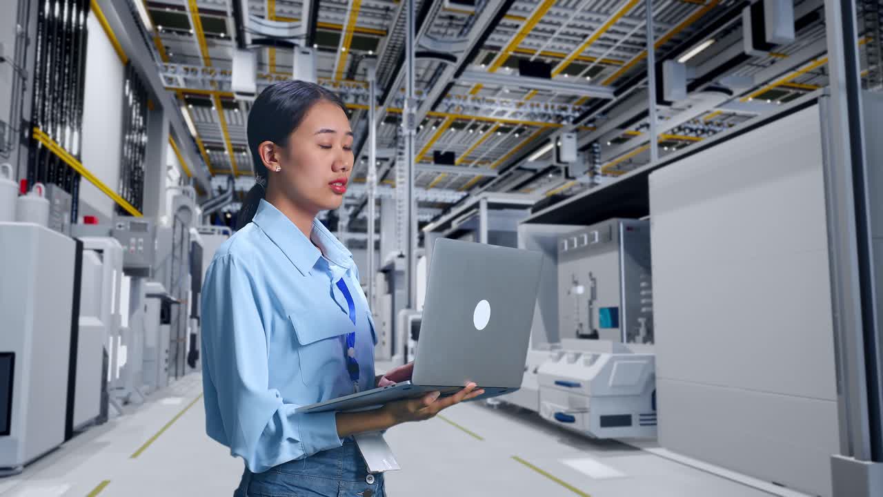 Woman working on a laptop in a server room