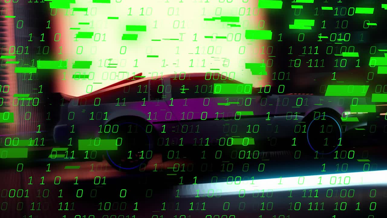 Animazione di interfaccia digitale con codifica binaria su video di auto in movimento