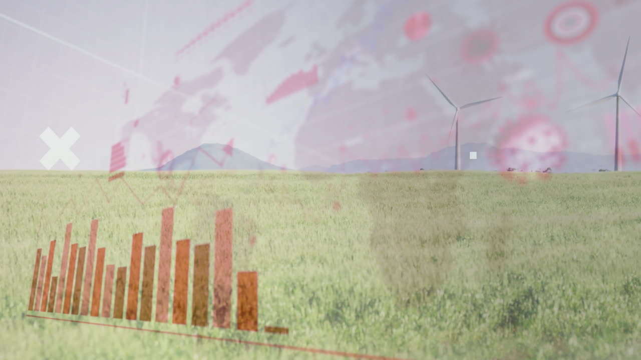 잔디에 있는 풍력 터빈 위의 바 차트와 세계 지도 애니메이션