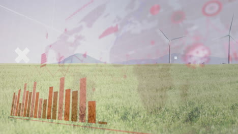 gráfico de barras y animación del mapa del mundo sobre la turbina eólica en el campo de hierba