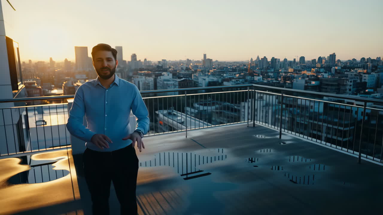 Professional Man on Rooftop Overlooking City at Sunset