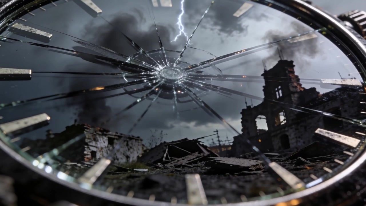 Mostra un orologio crepato con corona metallica, fulmini che scoccano mentre la telecamera si avvicina rivelando rovine.