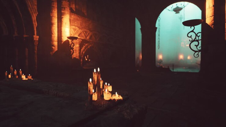 Un interno di chiesa buio e misterioso.