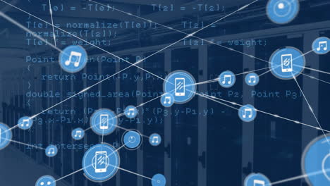 animation of network of connections with icons and data processing over computer servers