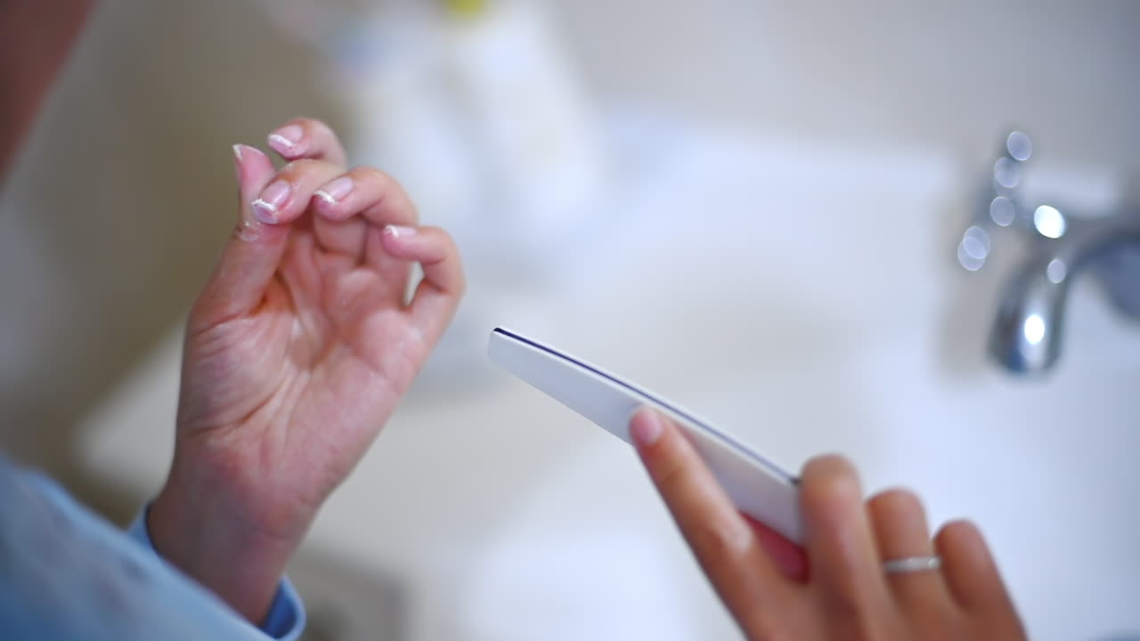 Woman polishing nails in the bathroom, slow motion