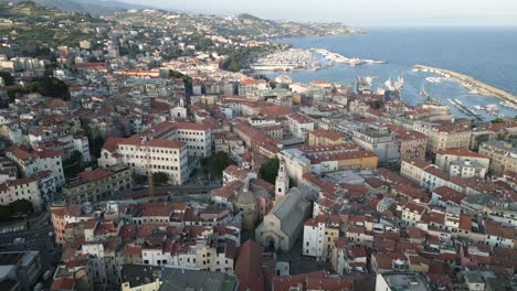 Aerial-drone-of-Sanremo-italy-coastal-sea-view-little-old-town-summer-holiday-destination