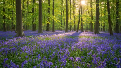 a serene sunrise over a vibrant forest filled with bluebells: a peaceful morning in nature's embrace amidst lush greenery and stunning purple blossoms