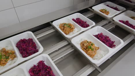 close up of various prepared dishes on trays advancing on an automatic industrial conveyor belt