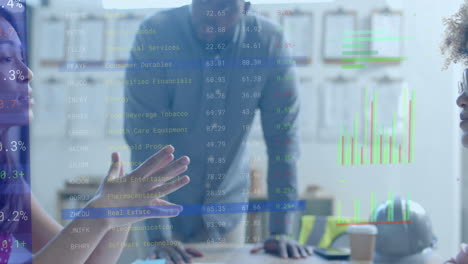 data processing on interface over diverse architect discussing in meeting
