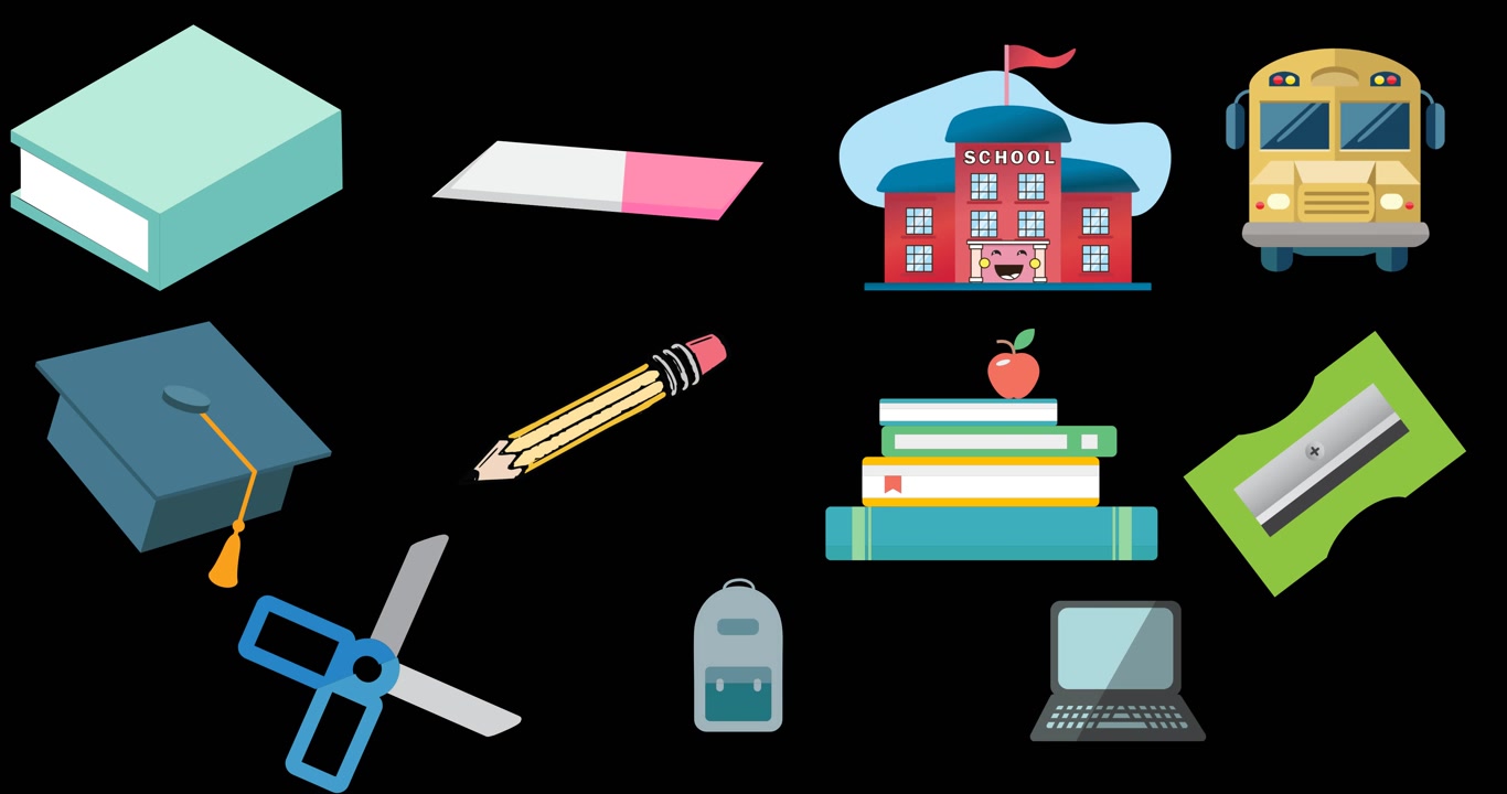 Animation of coloured school related icons appearing on black background