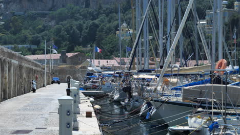 static view of boats anchored at harbor, villefranche-sur-mer, french riviera