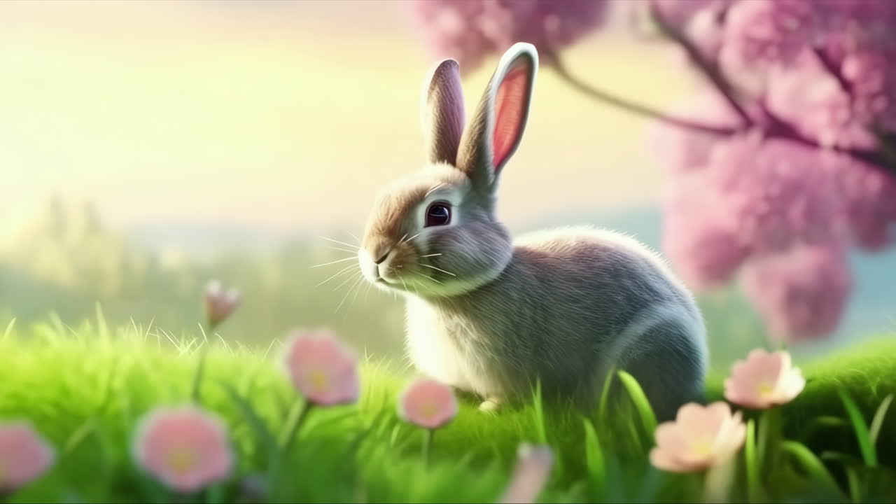 여름에 풀과 꽃이 있는 들판에서 귀여운 털이 많은 토끼