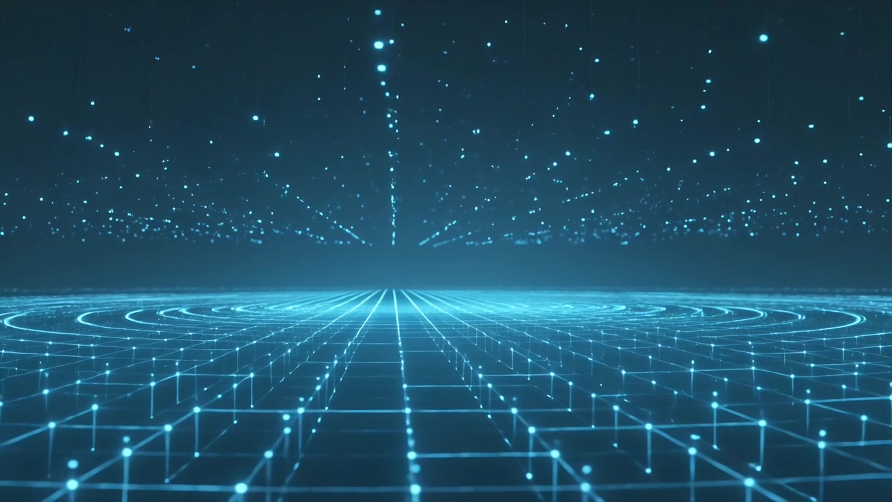 Playback starting cyan grid pulsing nodes, poles on holo plane, star trails focusing giving depth
