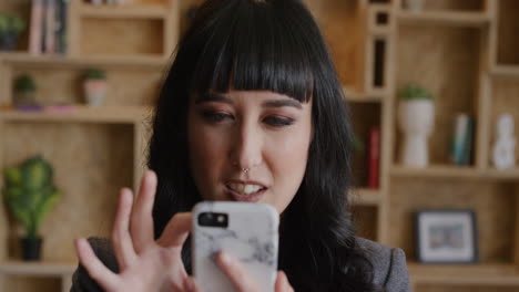 close up portrait young woman using smartphone browsing online enjoying mobile internet connection searching smiling satisfaction