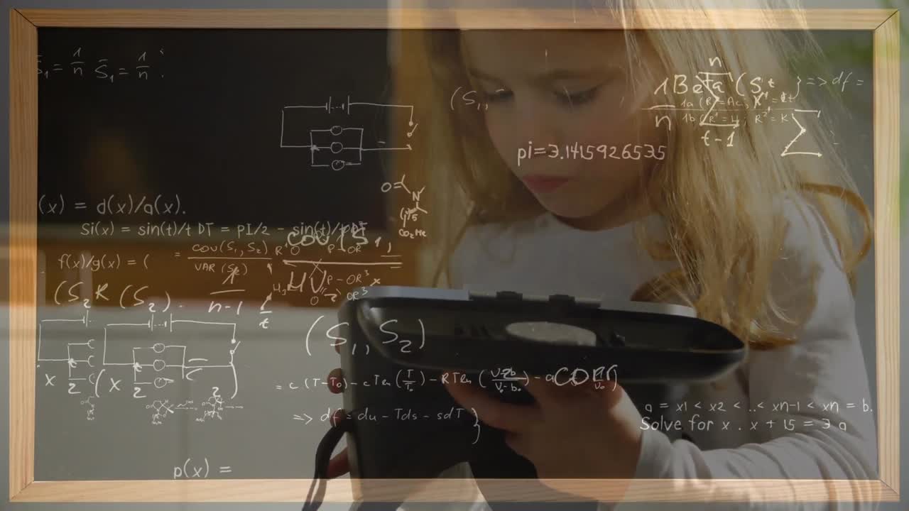 Animation of mathematical drawings and equations over toddler wearing vr headset