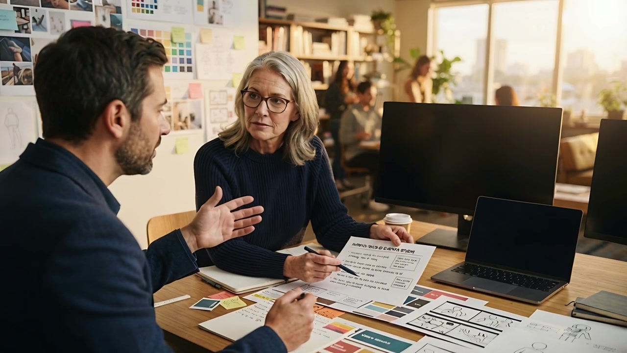 Mand i blazer og ældre kvinde i strik gestikulerer, gennemgår mockups, forfiner designs i studie.