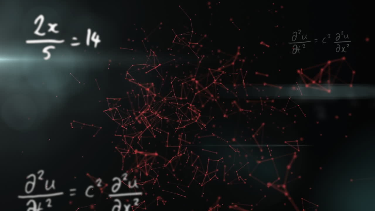 Animation of mathematical equations and red network connections on dark background
