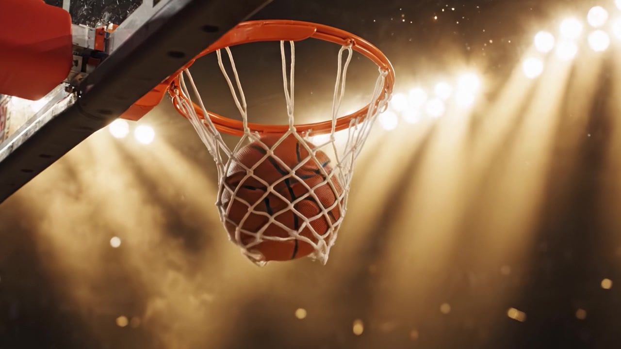 Spot Işığı Altında Yakalanmış Bir Basketbol Panyasının Dinamik Bir Perspektifi, Oyunun Aksiyonundaki Yoğunluğu ve Heyecanı Vurguluyor