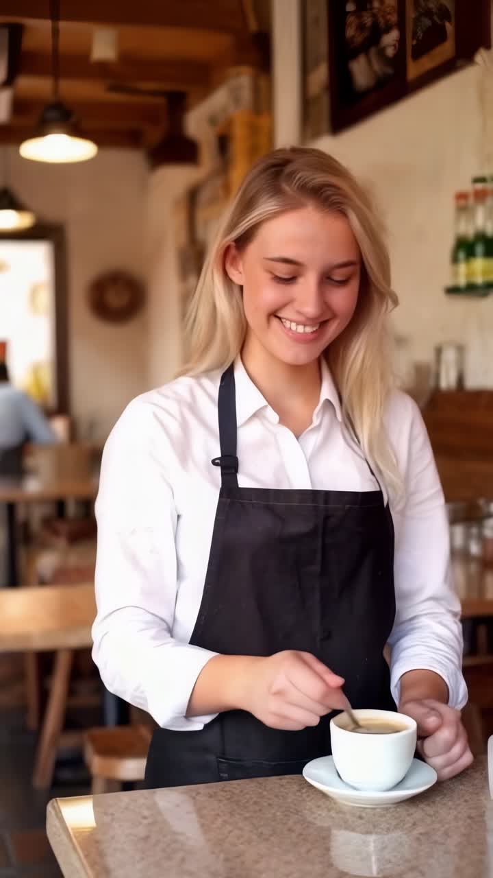 A smiling woman in a white shirt and black apron is serving coffee