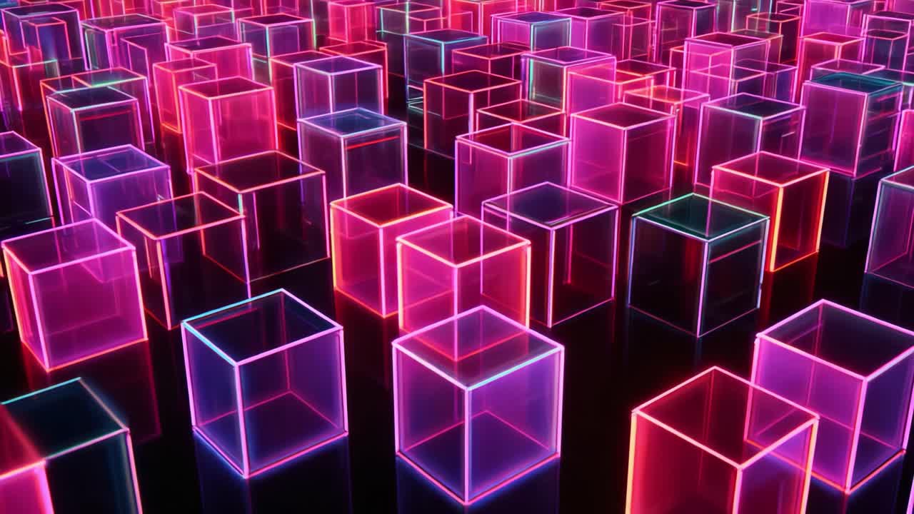 Stunning Visual Scene of Glossy Neon Cubes in a Digital Space, Showcasing Vibrant Colors and Radiant Reflections with a Futuristic Aesthetic, Ideal for Backgrounds or Art Projects