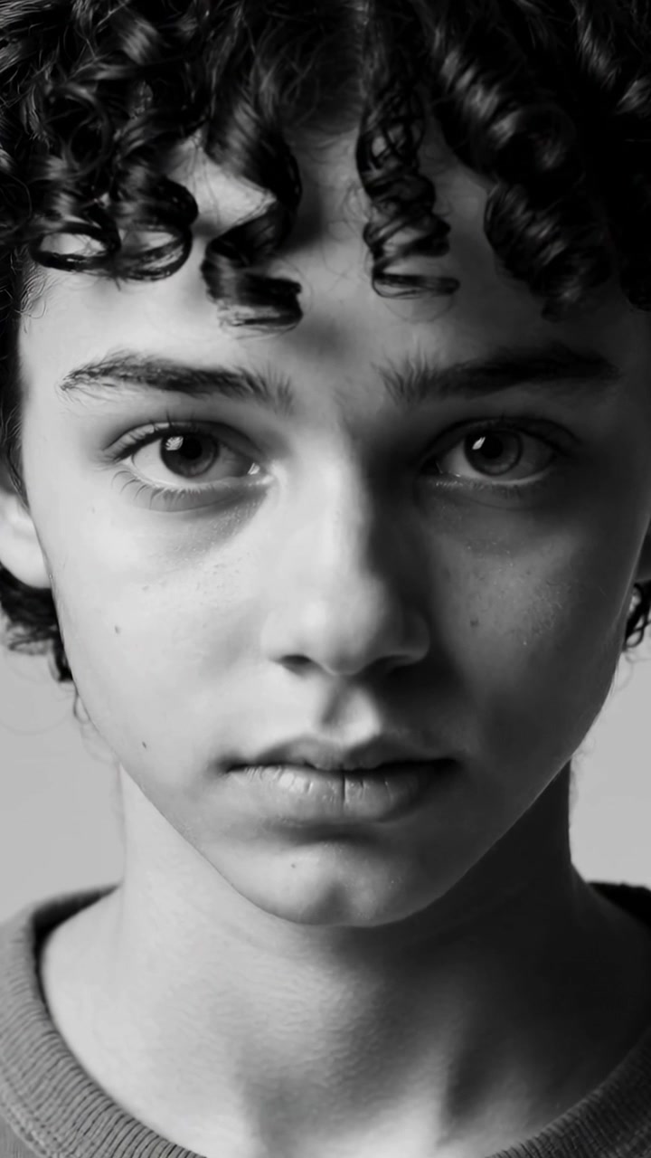 Vídeo vertical: Câmera se aproximando de um adolescente mantendo o olhar para um teste de elenco, com camiseta de gola redonda.
