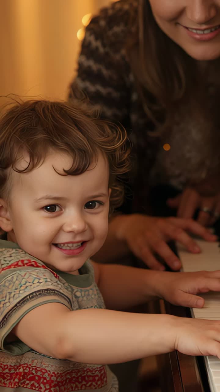 Vertical video: Following mother guiding, toddler exploring piano keys in living room