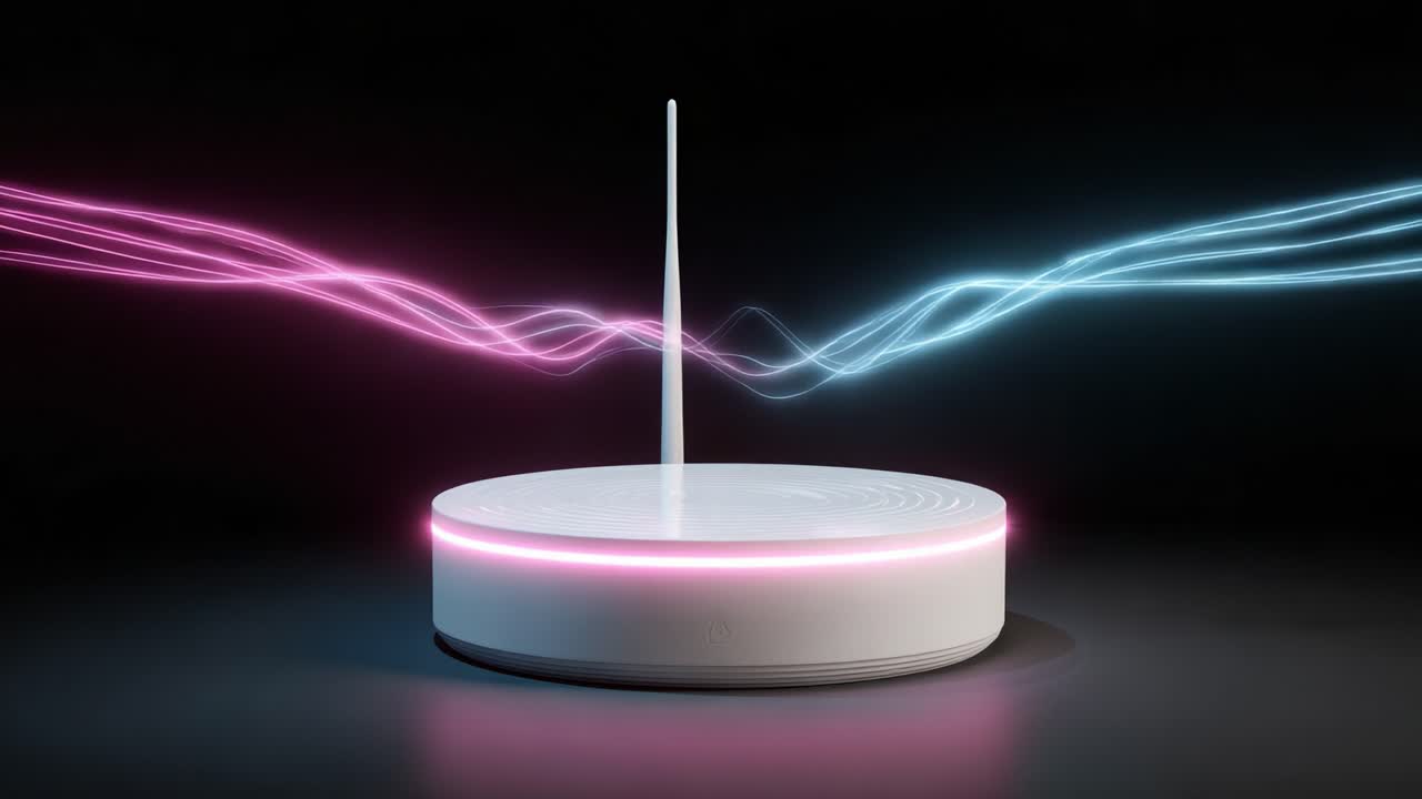 Dynamic Wireless Signal Emanating from a Sleek Base Station with Colorful Light Effects, Representing Advanced Connectivity in a Modern Technological Environment