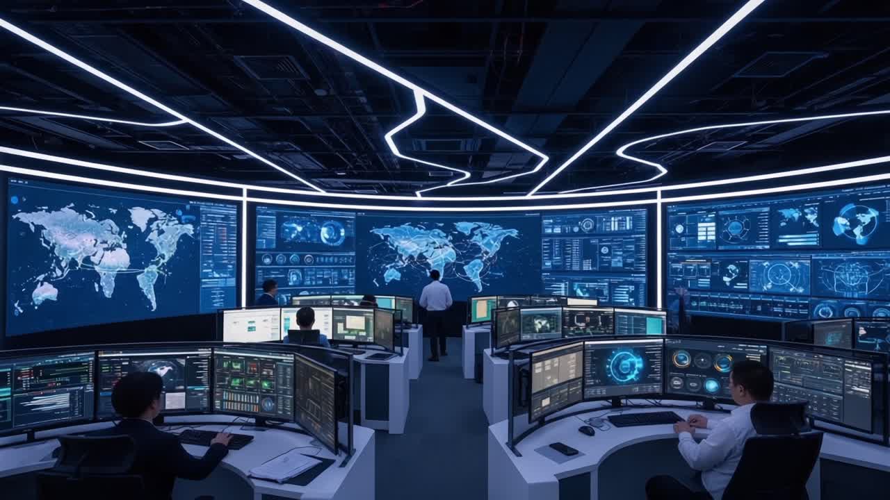 High-Tech Control Room with Multiple Screens Displaying Global Data and ...