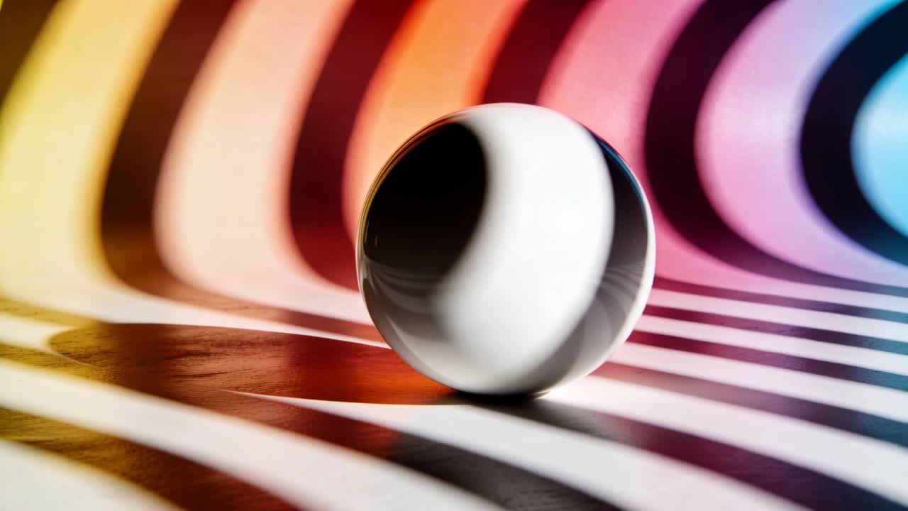 Verticale video: Glazen knikker die rolt na een lichte kanteling op gestreepte print, licht buigend voor design.