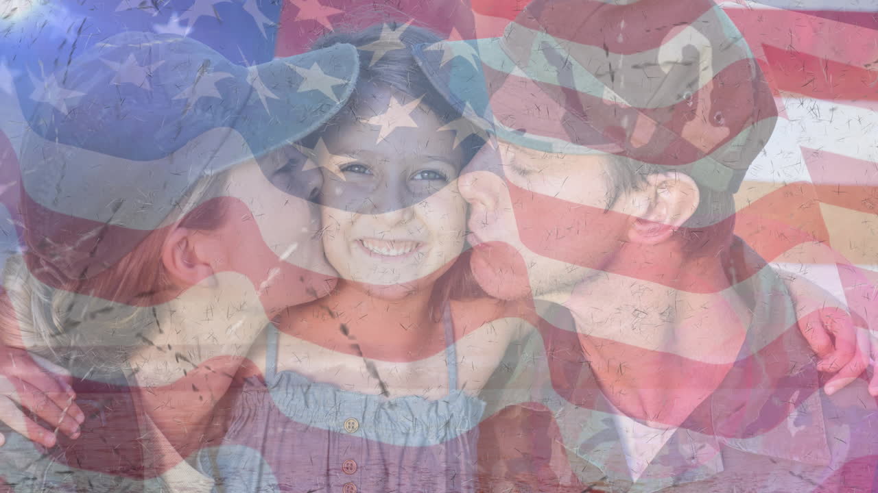 animación de soldados masculinos y femeninos con su hija sobre la bandera estadounidense