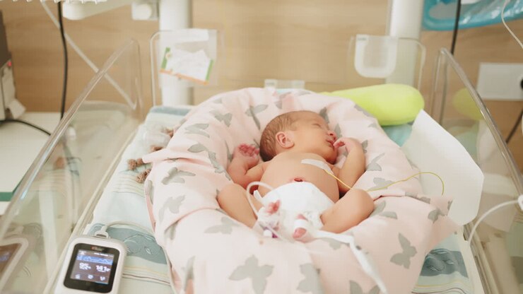 bambino nell'incubatrice dell'ospedale