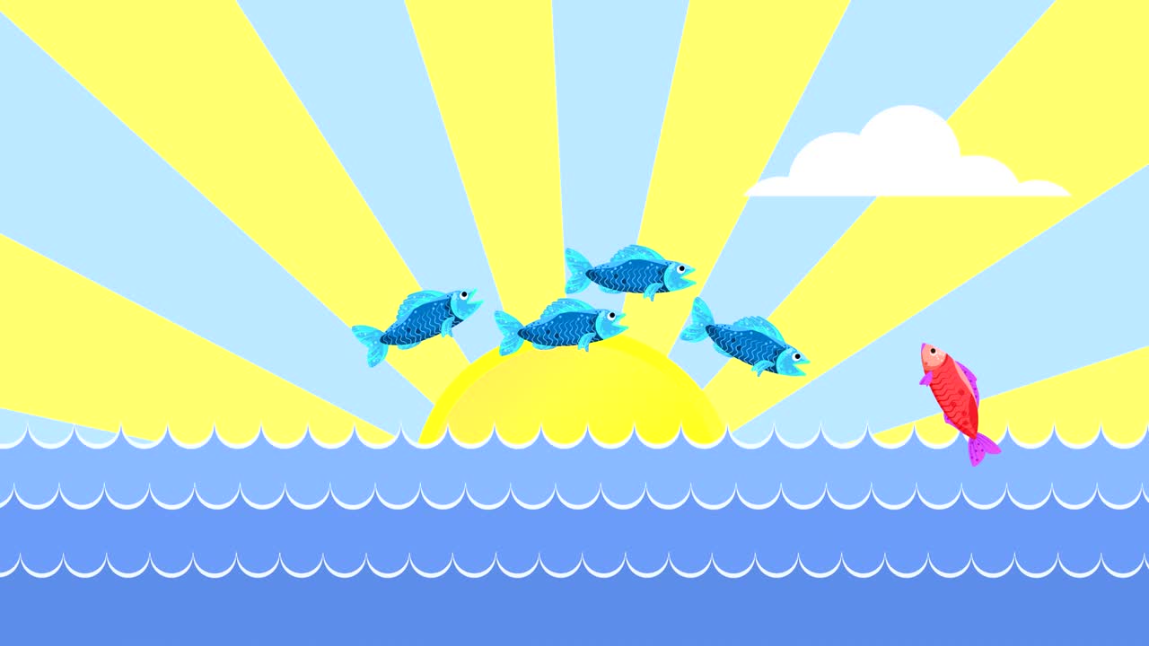 Looping animation with jumping fish and a dolphin on the sea