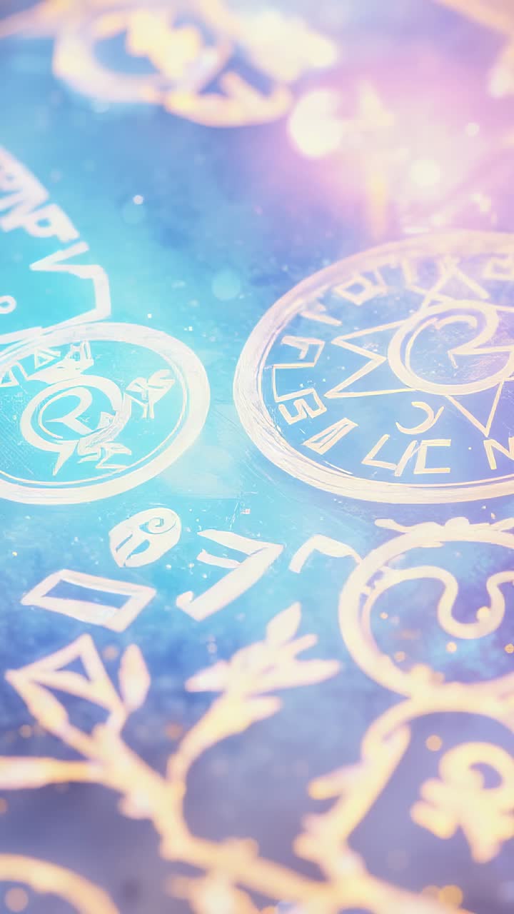 Vertical video: shimmering coins etched with glyphs and symbols on neon plane, with luminous orbs