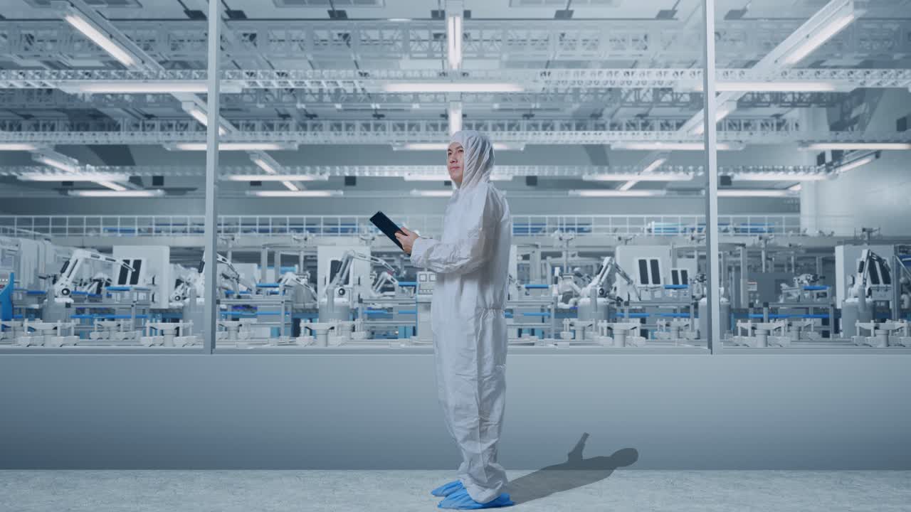 trabajador de la fábrica en la sala limpia monitoreando la línea de ensamblaje robótica
