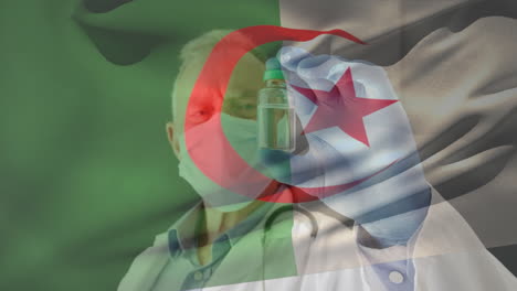 animation of flag of algeria waving over doctor wearing face mask and holding vaccine